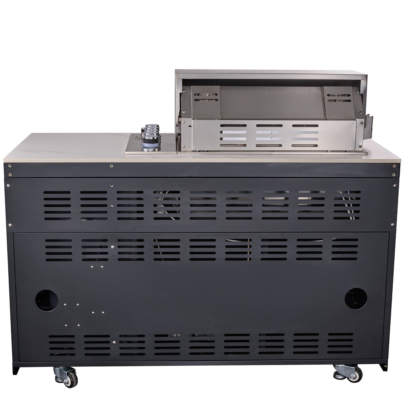 Forno Rimini Outdoor Kitchen - 30" BBQ, 62,600 BTU, 3 Burners with Sear & Rotisserie, 4.8 cu.ft. Beverage Center, Stainless Steel Double Sink, Black Cabinets & White Sintered Stone Countertops