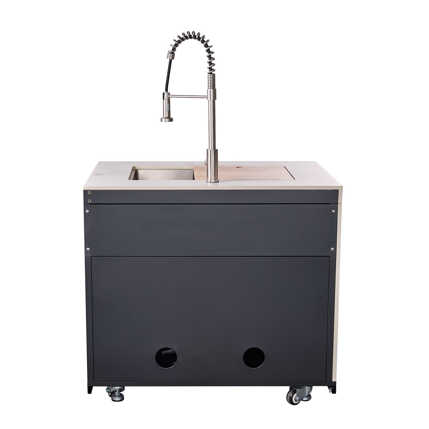 Forno Rimini Outdoor Kitchen - 30" BBQ, 62,600 BTU, 3 Burners with Sear & Rotisserie, 4.8 cu.ft. Beverage Center, Stainless Steel Double Sink, Black Cabinets & White Sintered Stone Countertops