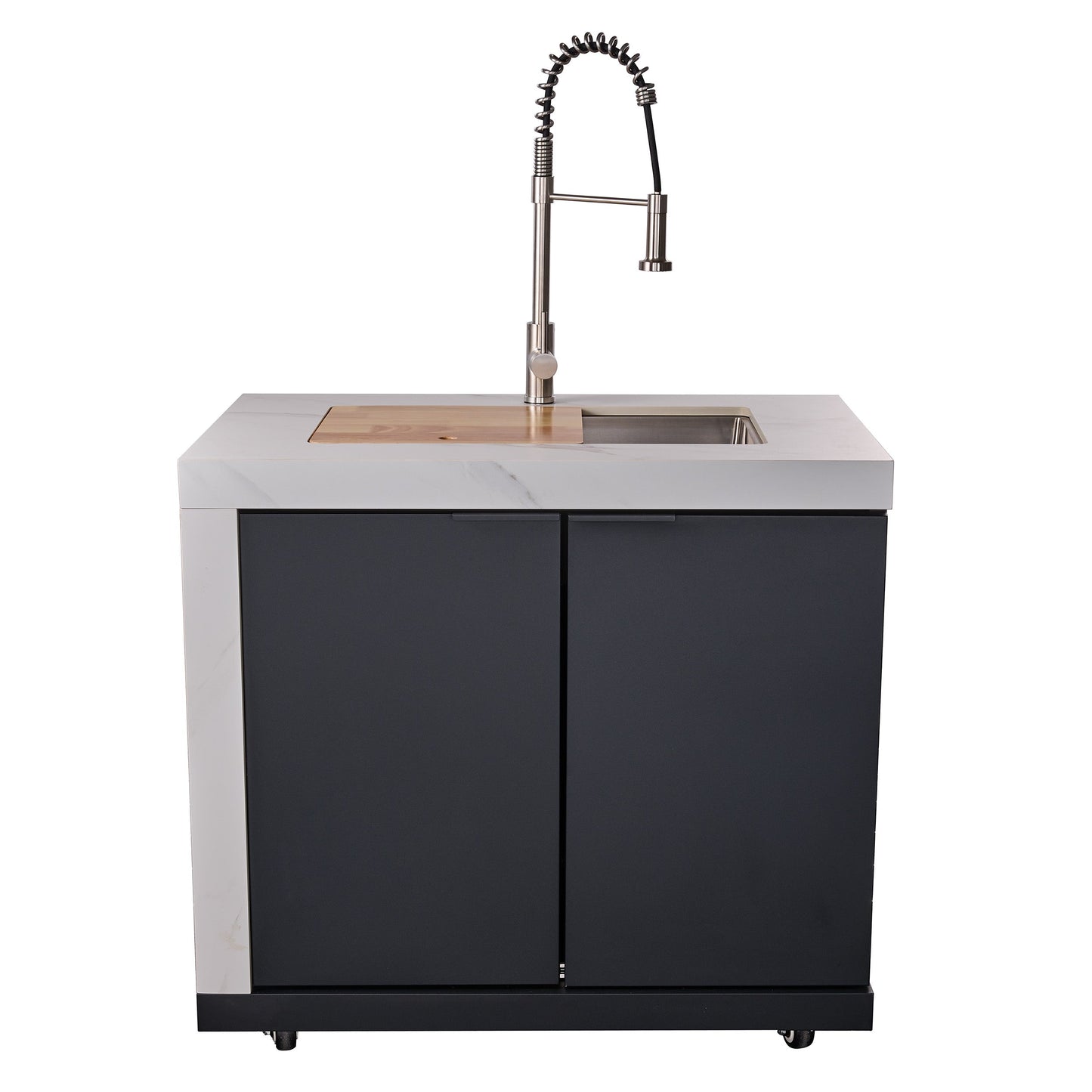 Forno Rimini Outdoor Kitchen - 30" BBQ, 62,600 BTU, 3 Burners with Sear & Rotisserie, 4.8 cu.ft. Beverage Center, Stainless Steel Double Sink, Black Cabinets & White Sintered Stone Countertops