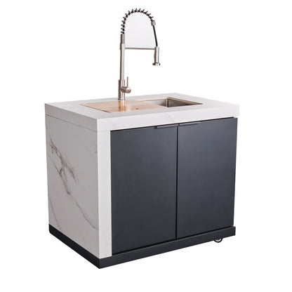 Forno Rimini Outdoor Kitchen - 30" BBQ, 62,600 BTU, 3 Burners with Sear & Rotisserie, 4.8 cu.ft. Beverage Center, Stainless Steel Double Sink, Black Cabinets & White Sintered Stone Countertops