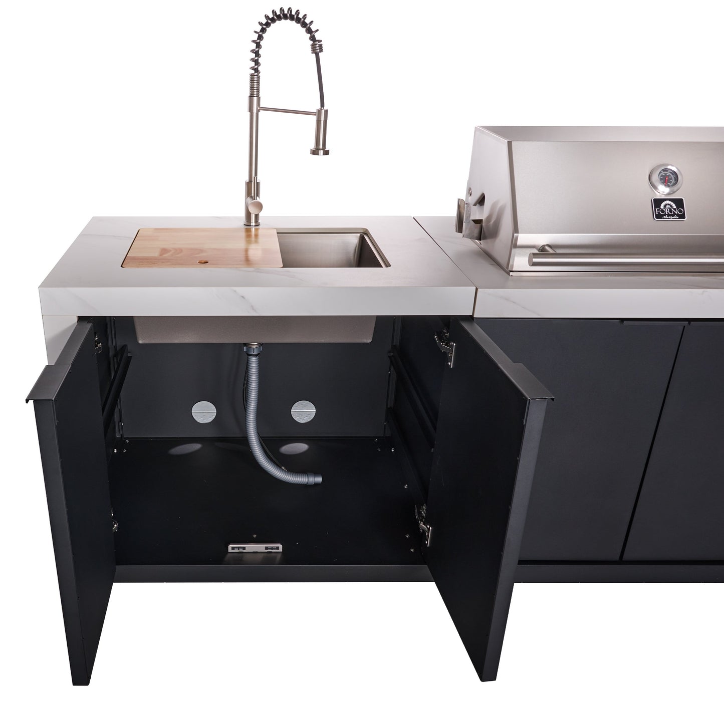 Forno Rimini Outdoor Kitchen - 30" BBQ, 62,600 BTU, 3 Burners with Sear & Rotisserie, 4.8 cu.ft. Beverage Center, Stainless Steel Double Sink, Black Cabinets & White Sintered Stone Countertops