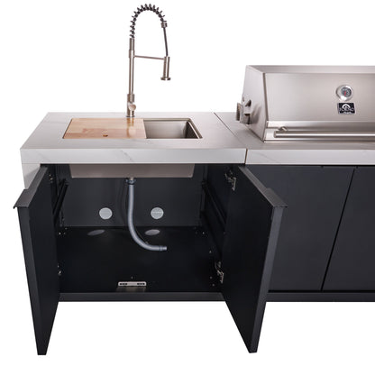 Forno Rimini Outdoor Kitchen - 30" BBQ, 62,600 BTU, 3 Burners with Sear & Rotisserie, 4.8 cu.ft. Beverage Center, Stainless Steel Double Sink, Black Cabinets & White Sintered Stone Countertops