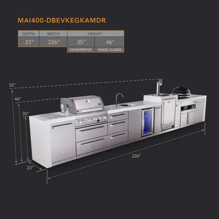 Mont Alpi 400 Deluxe BBQ Grill Island with Beverage Center, Kegerator, Kamado Module & Extra Drawer Storage - MAi400-DKEGBEVKAMDR