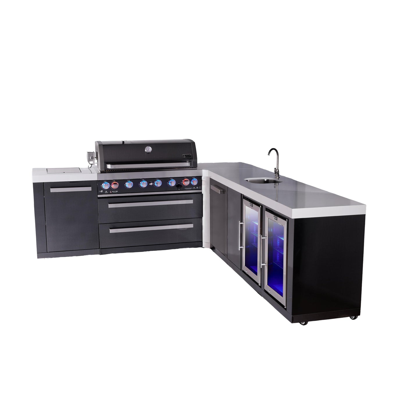 Mont Alpi 805 Black Stainless Steel BBQ Grill Island with L-Shape, Beverage Center, Extra Storage & Fridge - MAi805-BSS90BEVFCXL