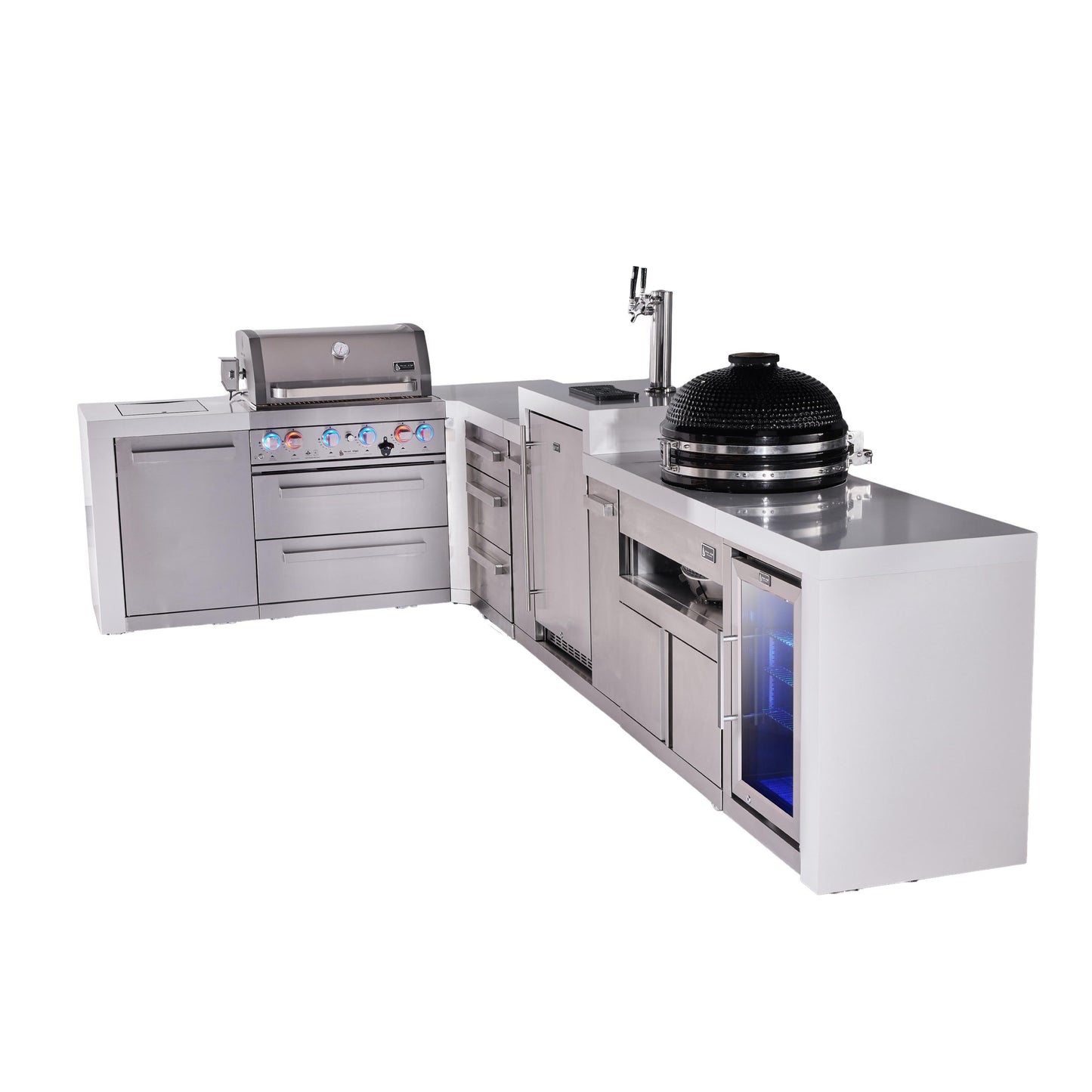 Mont Alpi 400 Deluxe BBQ Grill Island with L-Shape, Kegerator, Kamado Module, Extra Drawer Storage & Fridge - MAi400-D90KEGFCKAMDR