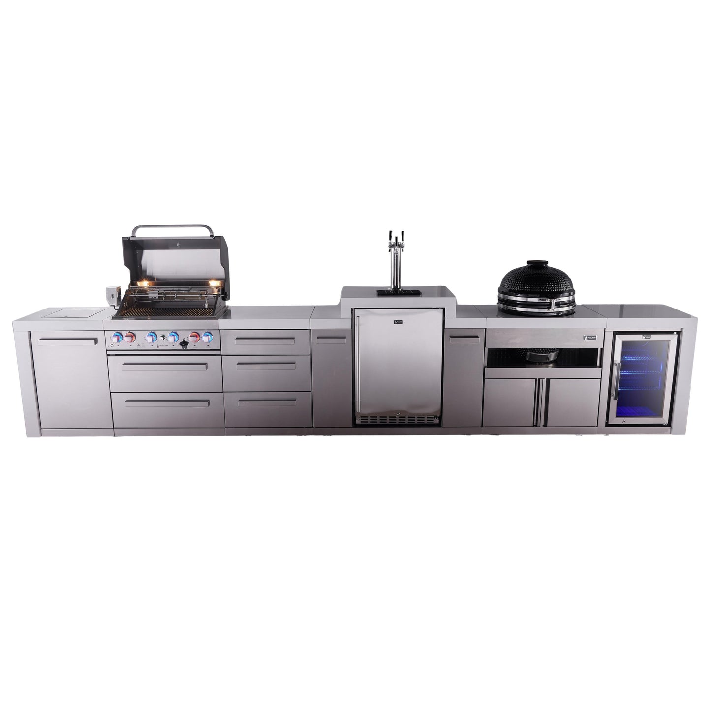 Mont Alpi 400 Deluxe BBQ Grill Island with Kegerator, Kamado Module, Extra Drawer Storage & Fridge - MAi400-DKEGFCKAMDR