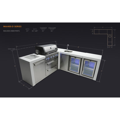 Mont Alpi 400 Deluxe BBQ Grill Island with L-Shape, Beverage Center & Fridge - MAi400-D90BEVFC