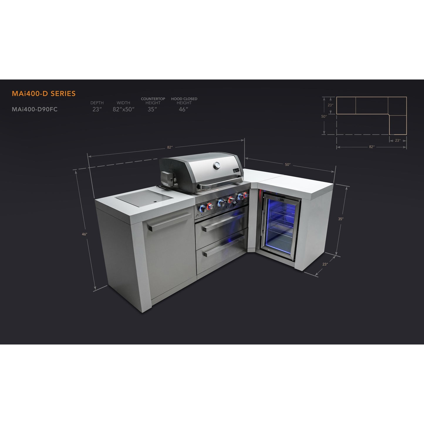 Mont Alpi 400 Deluxe BBQ Grill Island with L-Shape & Fridge Cabinet - MAi400-D90FC