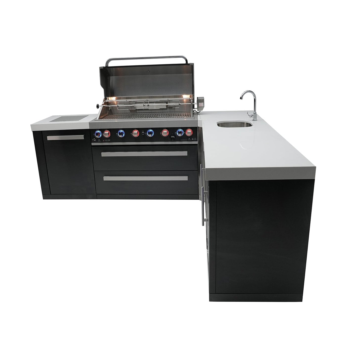 Mont Alpi 805 Black Stainless Steel BBQ Grill Island with L-Shape, Beverage Center & Fridge Cabinet - MAi805-BSS90BEVFC