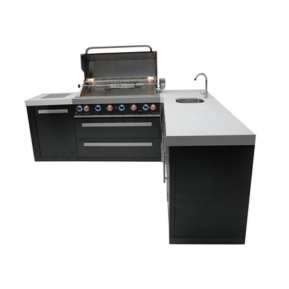 Mont Alpi 805 Black Stainless Steel BBQ Grill Island with L-Shape, Beverage Center & Fridge Cabinet - MAi805-BSS90BEVFC
