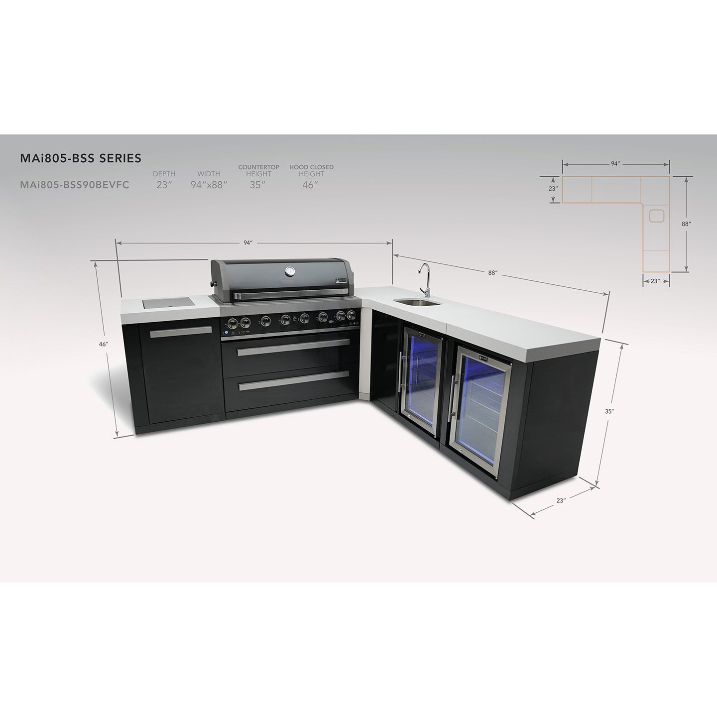 Mont Alpi 805 Black Stainless Steel BBQ Grill Island with L-Shape, Beverage Center & Fridge Cabinet - MAi805-BSS90BEVFC