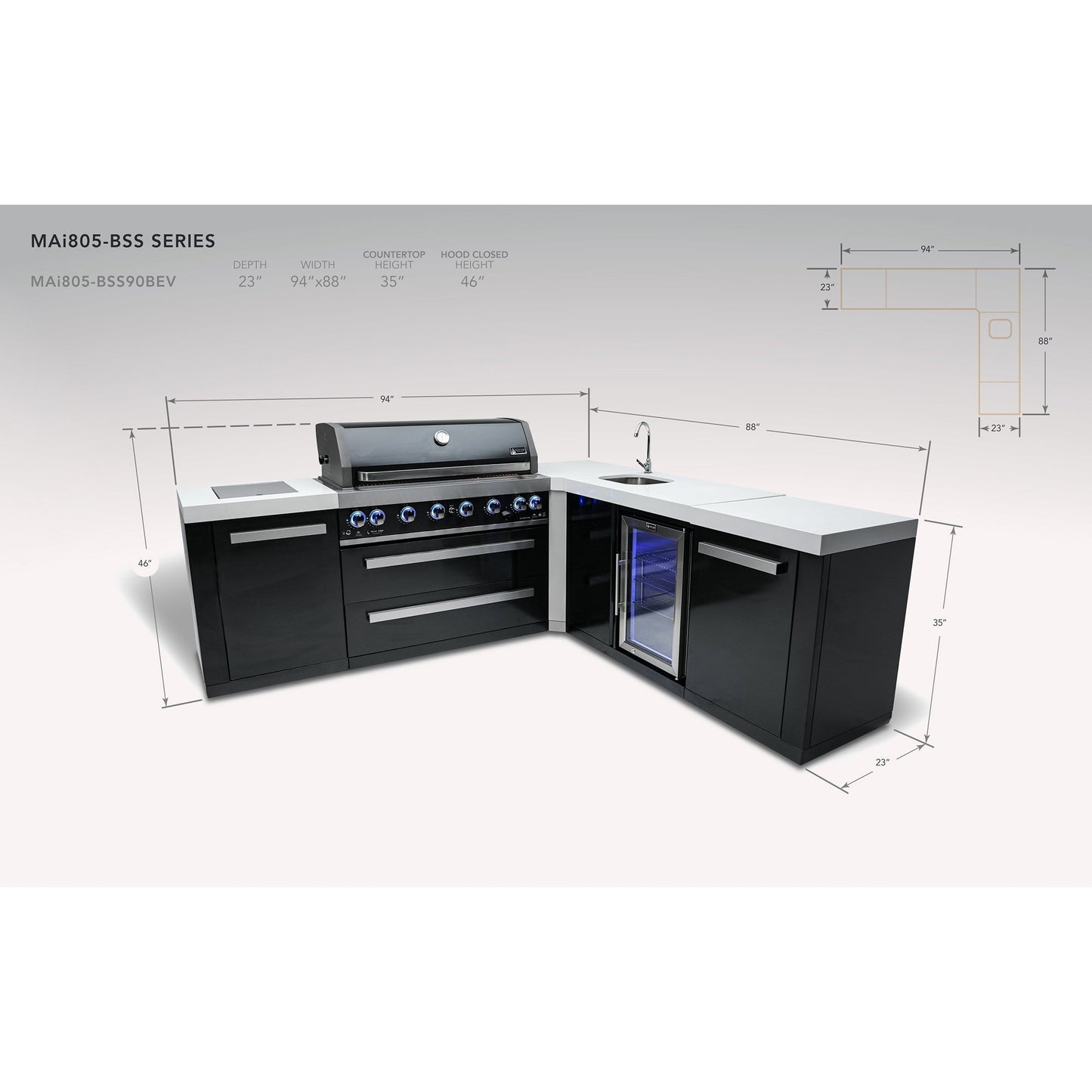 Mont Alpi 805 Black Stainless Steel BBQ Grill Island with L-Shape & Beverage Center - MAi805-BSS90BEV