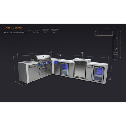 Mont Alpi 805 Deluxe BBQ Grill Island with L-Shape, Kegerator, Beverage Center & Fridge Cabinet - MAi805-D90KEGBEVFC