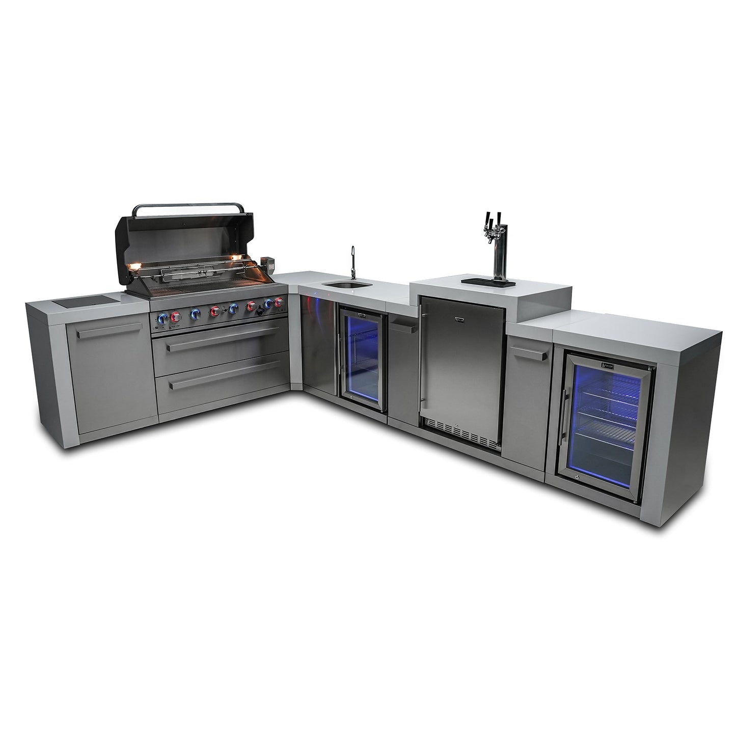 Mont Alpi 805 Deluxe BBQ Grill Island with L-Shape, Kegerator, Beverage Center & Fridge Cabinet - MAi805-D90KEGBEVFC
