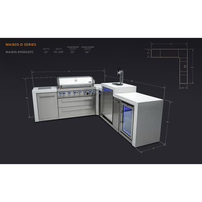 Mont Alpi 805 Deluxe BBQ Grill Island with L-Shape, Kegerator & Fridge Cabinet - MAi805-D90KEGFC