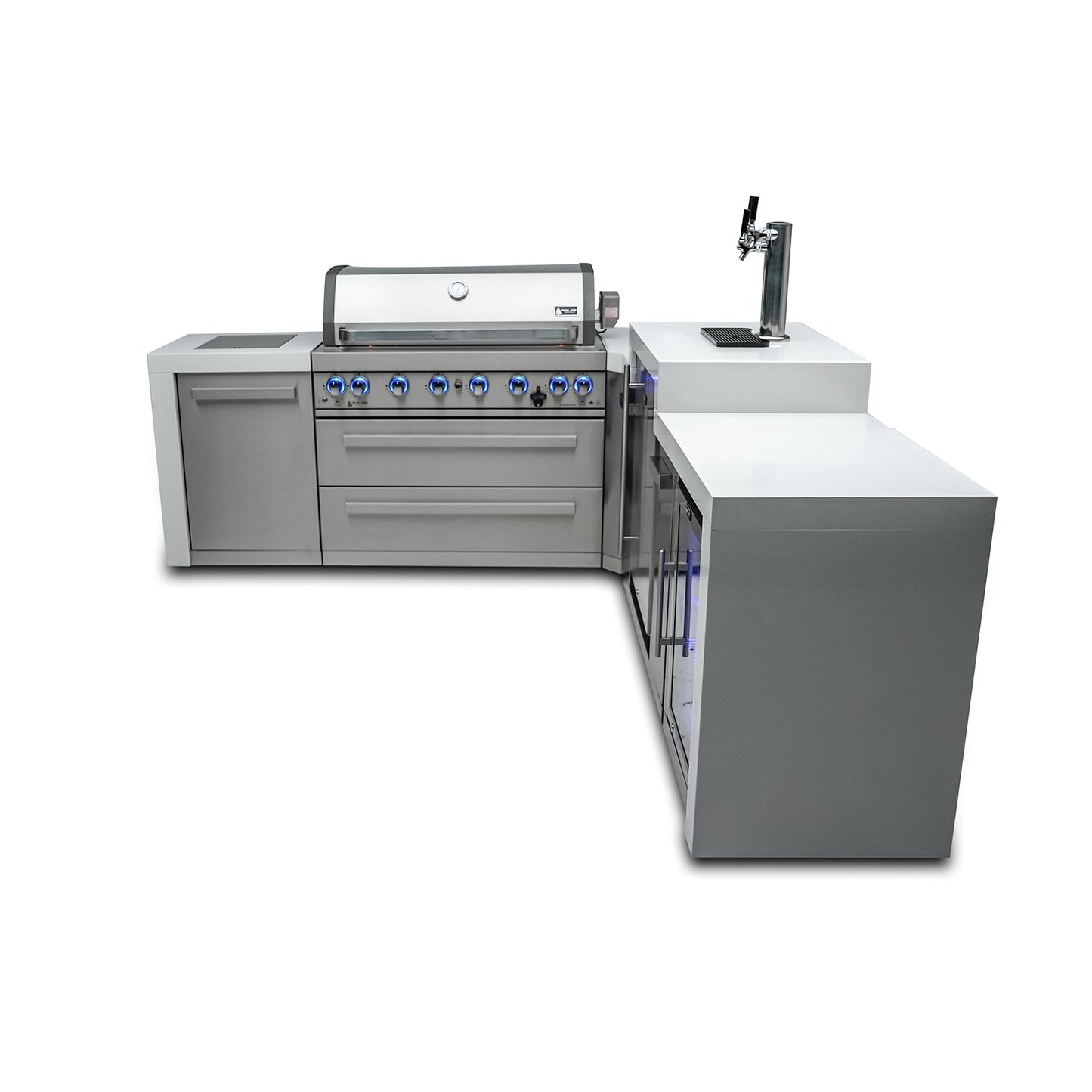Mont Alpi 805 Deluxe BBQ Grill Island with L-Shape, Kegerator & Fridge Cabinet - MAi805-D90KEGFC