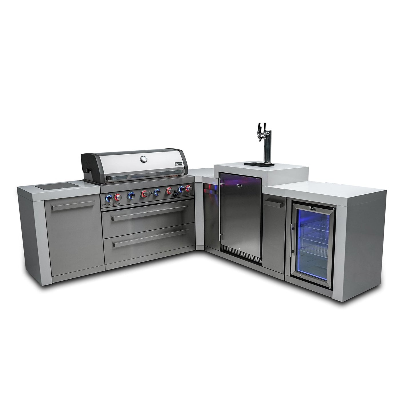 Mont Alpi 805 Deluxe BBQ Grill Island with L-Shape, Kegerator & Fridge Cabinet - MAi805-D90KEGFC