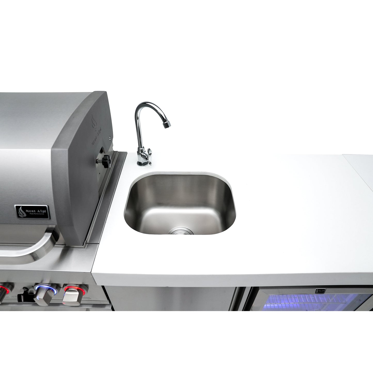 Mont Alpi 805 Deluxe BBQ Grill Island with L-Shape, Beverage Center, Extra Drawer Storage & Fridge - MAi805-D90BEVFCDR