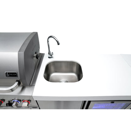 Mont Alpi 400 Deluxe BBQ Grill Island with L-Shape, Beverage Center, Kamado Module, Extra Storage & Fridge - MAi400-D90BEVFCKAMXL