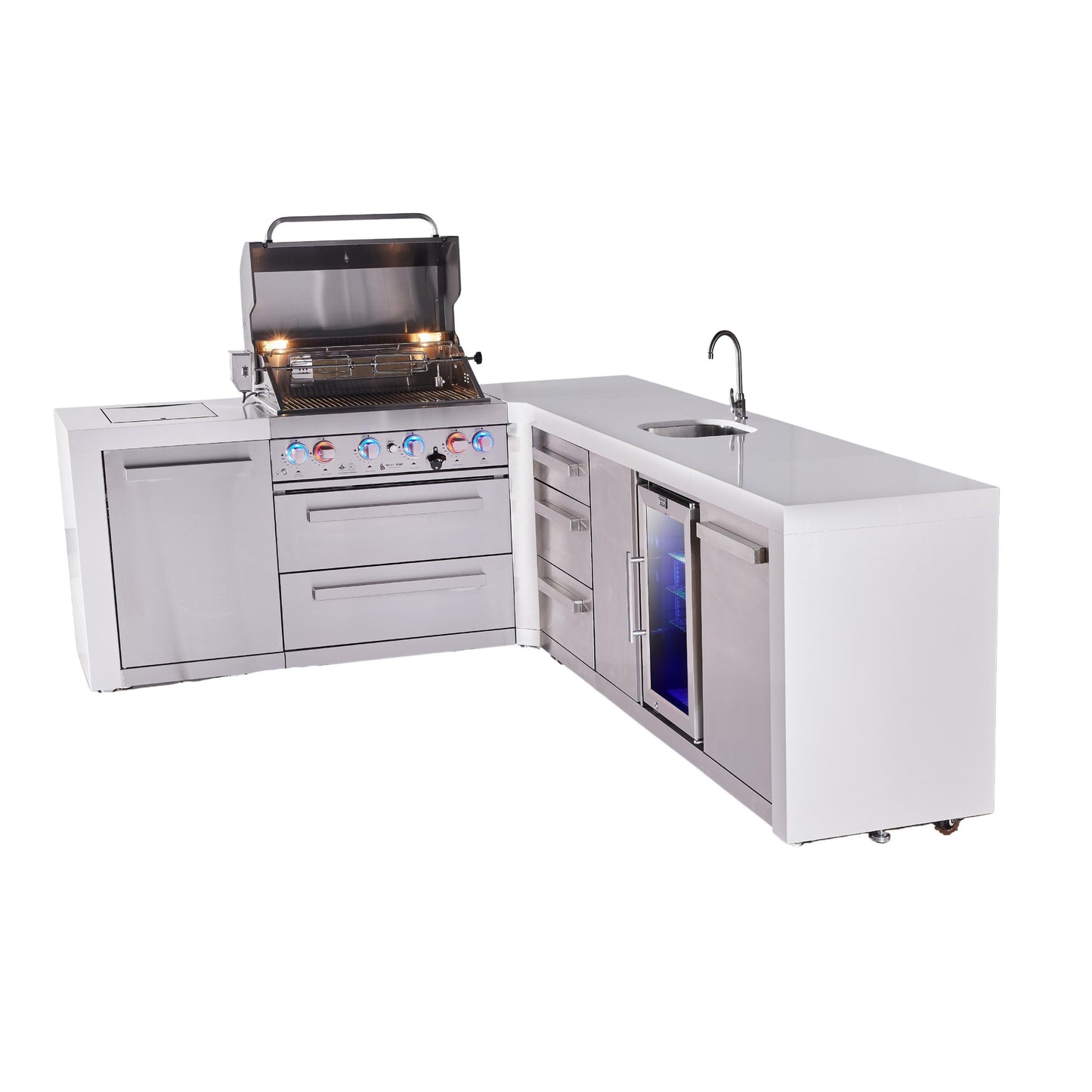 Mont Alpi 400 Deluxe BBQ Grill Island with L-Shape, Beverage Center & Extra Drawer Storage - MAi400-D90BEVDR