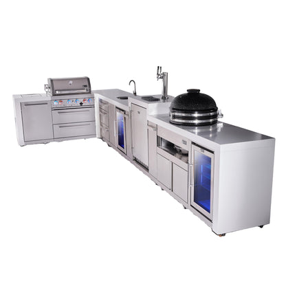 Mont Alpi 400 Deluxe BBQ Grill Island with L-Shape, Beverage Center, Kegerator, Kamado Module, Extra Drawer Storage & Fridge - MAi400-D90KEGBEVFCKAMDR