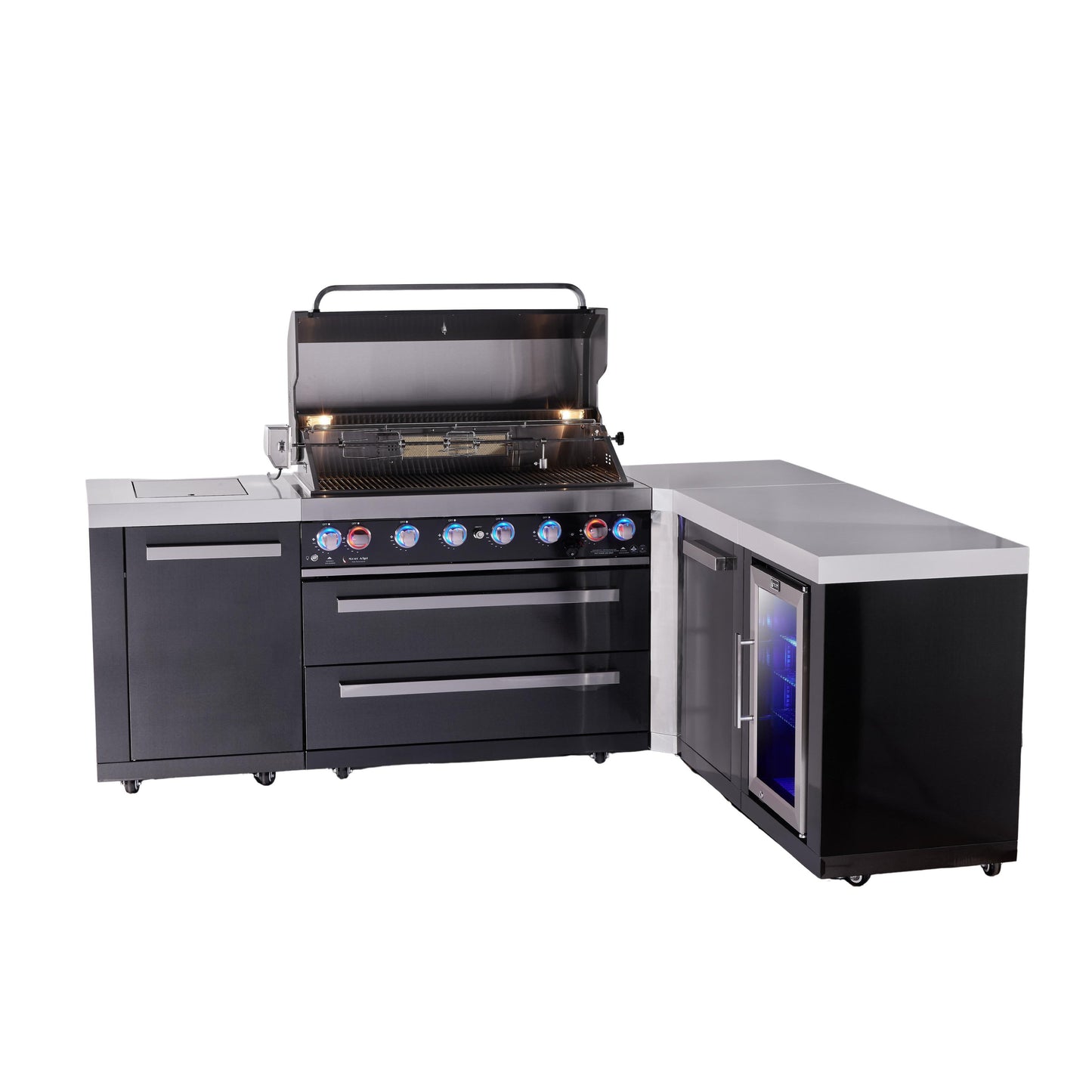 Mont Alpi 805 Black Stainless Steel BBQ Grill Island with L-Shape, Extra Storage & Fridge - MAi805-BSS90FCXL