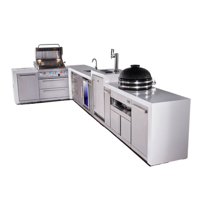 Mont Alpi 400 Deluxe BBQ Grill Island with L-Shape, Beverage Center, Kegerator, Kamado Module & Extra Drawer Storage - MAi400-D90KEGBEVKAMDR