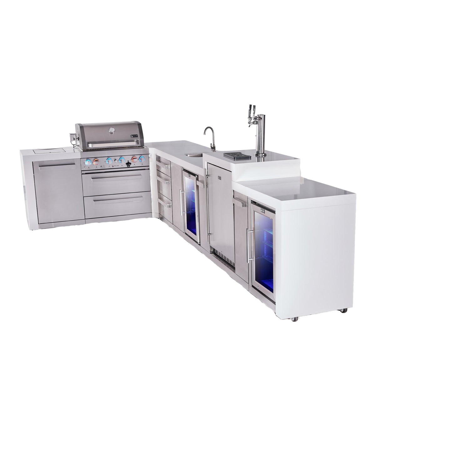 Mont Alpi 400 Deluxe BBQ Grill Island with L-Shape, Beverage Center, Kegerator, Extra Drawer Storage & Fridge - MAi400-D90KEGBEVFCDR