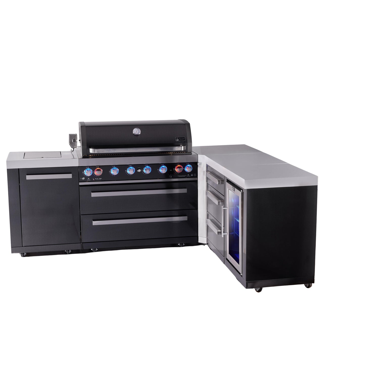 Mont Alpi 805 Black Stainless Steel BBQ Grill Island with L-Shape, Extra Drawer Storage & Fridge - MAi805-BSS90FCDR (PREORDER - Est. Ship Date Dec 15)