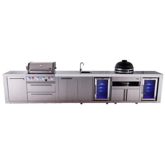 Mont Alpi 400 Deluxe BBQ Grill Island with Beverage Center, Kamado Module, Extra Storage & Fridge - MAi400-DBEVFCKAMXL
