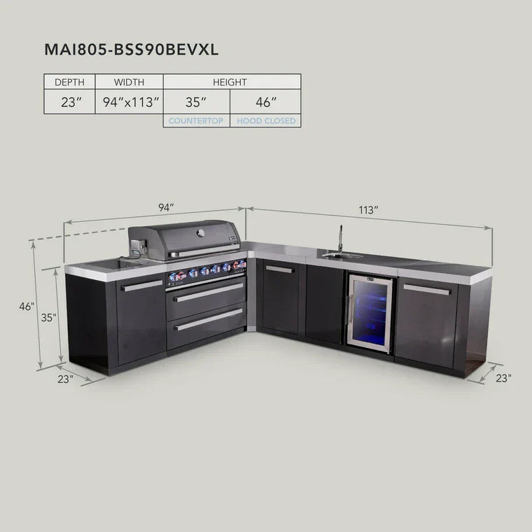 Mont Alpi 805 Black Stainless Steel BBQ Grill Island with L-Shape, Beverage Center & Extra Storage - MAi805-BSS90BEVXL