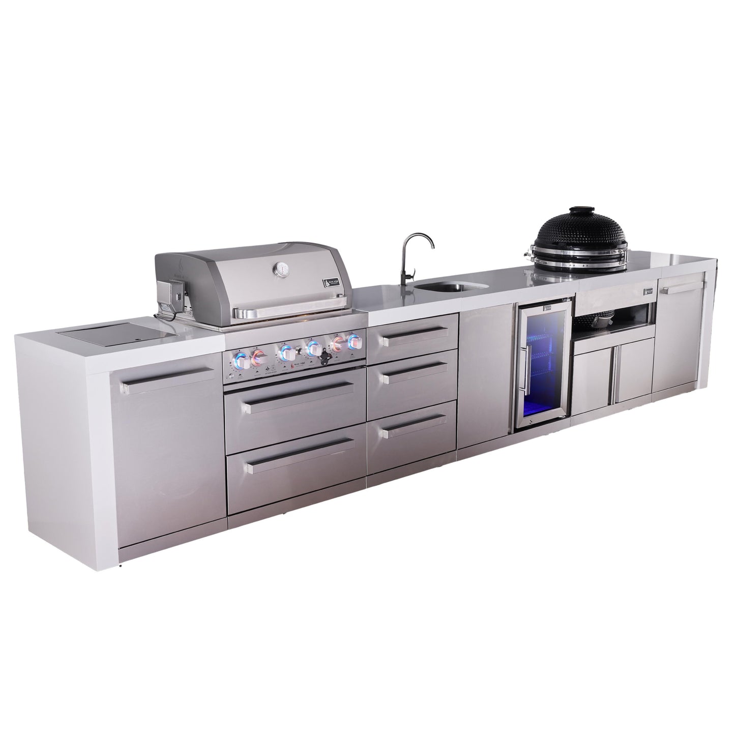 Mont Alpi 400 Deluxe BBQ Grill Island with Beverage Center, Kamado & Extra Drawer Storage - MAi400-DBEVKAMDR