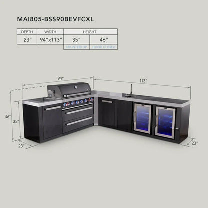 Mont Alpi 805 Black Stainless Steel BBQ Grill Island with L-Shape, Beverage Center, Extra Storage & Fridge - MAi805-BSS90BEVFCXL
