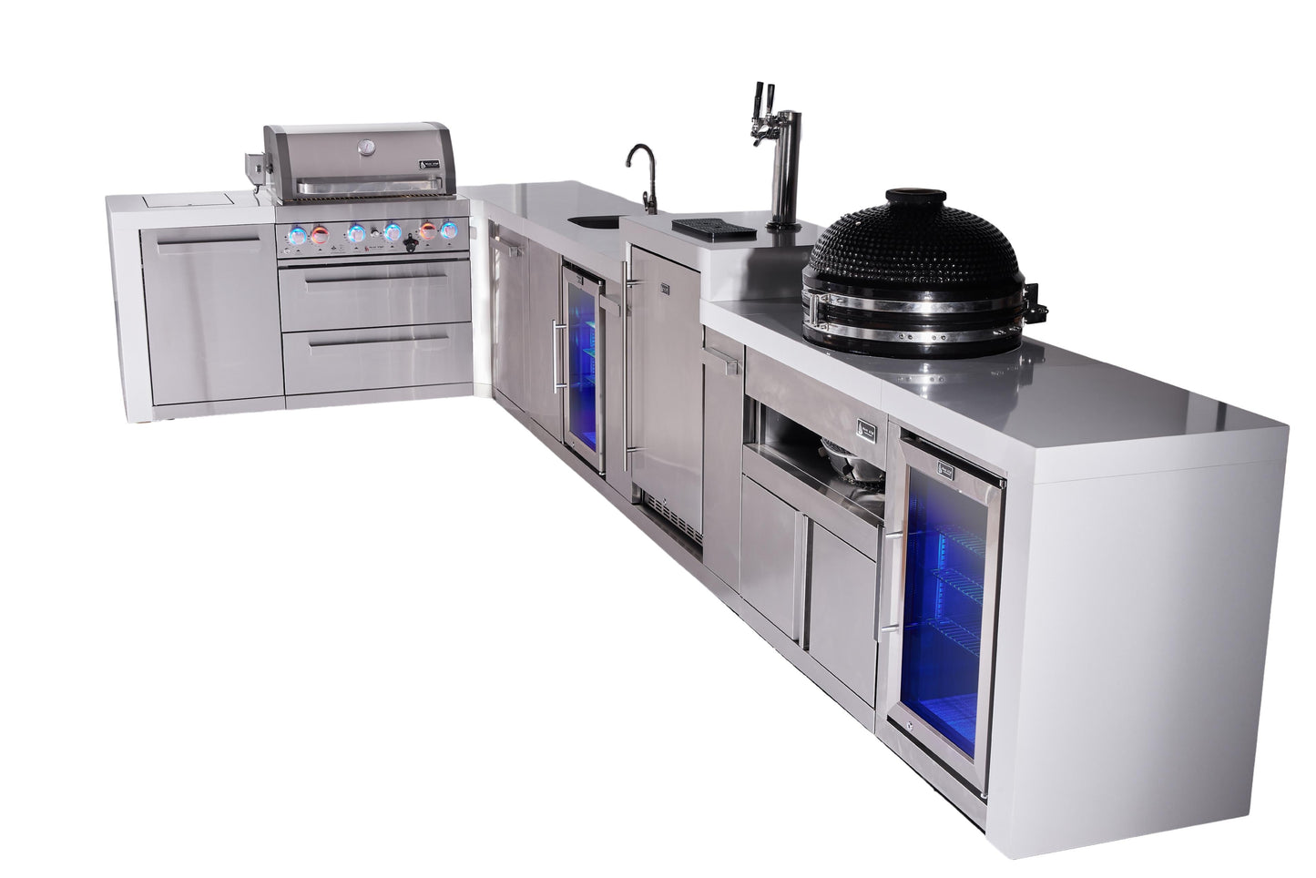 Mont Alpi 400 Deluxe BBQ Grill Island with L-Shape, Beverage Center, Kegerator, Kamado Module, Extra Storage & Fridge - MAi400-D90KEGBEVFCKAMXL