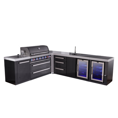 Mont Alpi 805 Black Stainless Steel BBQ Grill Island with L-Shape, Beverage Center, Extra Drawer Storage & Fridge - MAi805-BSS90BEVFCDR (PREORDER - Est. Ship Date Dec 15)