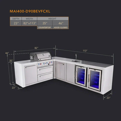 Mont Alpi 400 Deluxe BBQ Grill Island with L-Shape, Beverage Center, Extra Storage & Fridge - MAi400-D90BEVFCXL