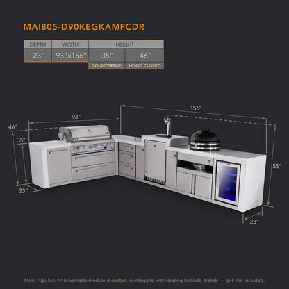 Mont Alpi 805 Deluxe BBQ Grill Island with L-Shape, Kegerator, Kamado Module, Extra Drawer Storage & Fridge - MAi805-D90KEGFCKAMDR