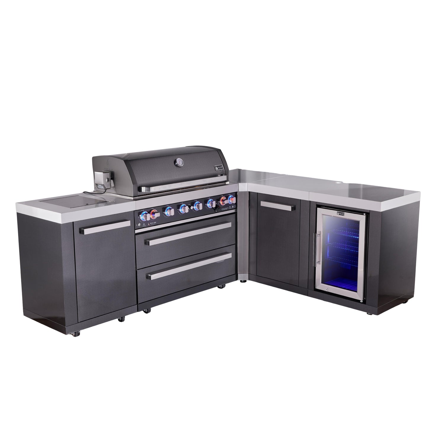 Mont Alpi 805 Black Stainless Steel BBQ Grill Island with L-Shape, Extra Storage & Fridge - MAi805-BSS90FCXL