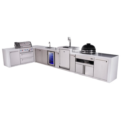 Mont Alpi 400 Deluxe BBQ Grill Island with L-Shape, Beverage Center, Kegerator, Kamado Module & Extra Storage - MAi400-D90KEGBEVKAMXL
