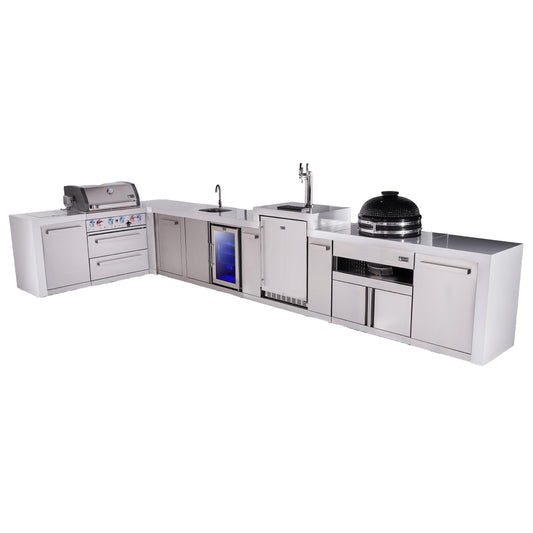 Mont Alpi 400 Deluxe BBQ Grill Island with L-Shape, Beverage Center, Kegerator, Kamado Module & Extra Storage - MAi400-D90KEGBEVKAMXL